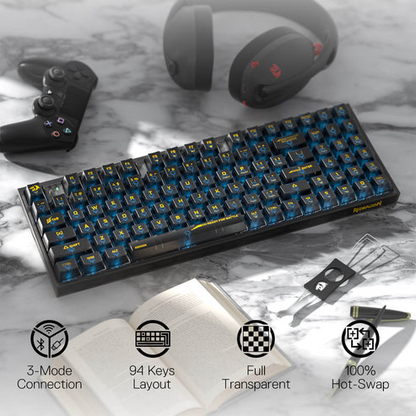 Black wireless gaming keyboard with fully transparent keycaps and blue RGB lighting
