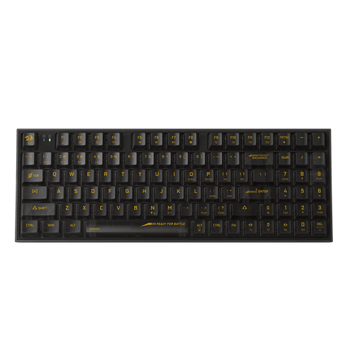 Black gaming keyboard with fully transparent keycaps and yellow RGB backlighting