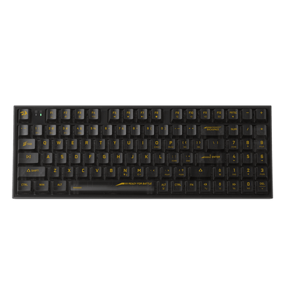 Black gaming keyboard with fully transparent keycaps and yellow RGB backlighting