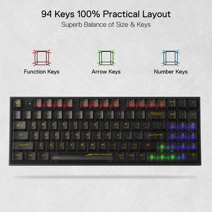Black gaming keyboard with fully transparent keycaps and multicolor RGB backlighting