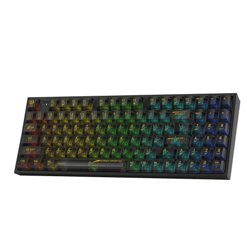 Black gaming keyboard at an angle with fully transparent keycaps and RGB lighting