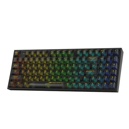 Black gaming keyboard at an angle with fully transparent keycaps and RGB lighting