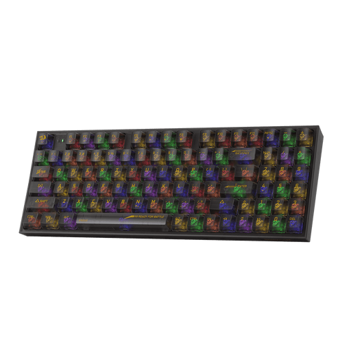 Black gaming keyboard angled view with fully transparent keycaps and rainbow RGB