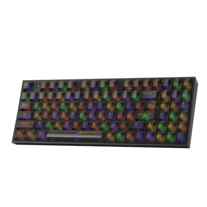Black gaming keyboard angled view with fully transparent keycaps and rainbow RGB