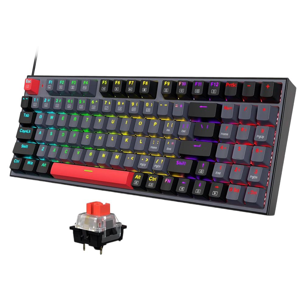 RGB backlit 94-key mechanical gaming keyboard with gray keys and red accent bar