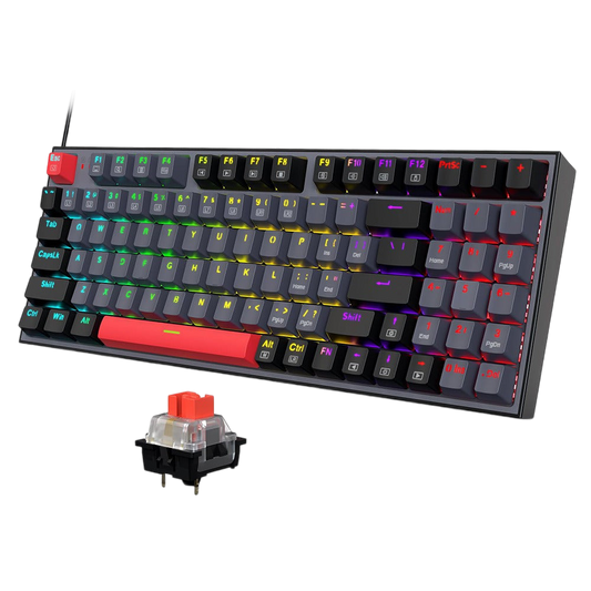 RGB backlit 94-key mechanical gaming keyboard with gray keys and red accent bar