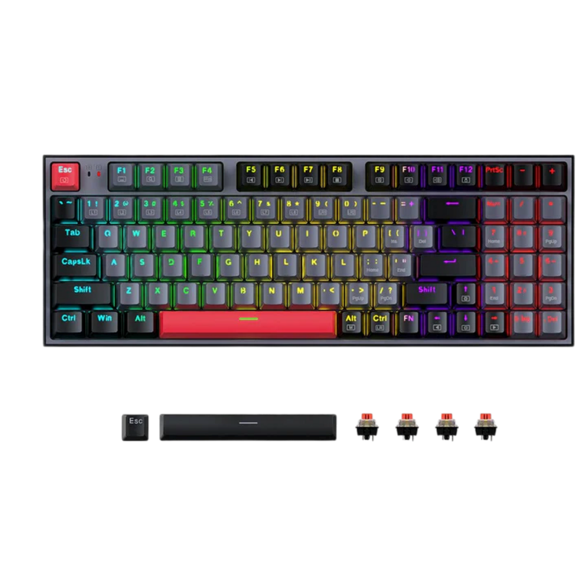 Compact view of RGB mechanical gaming keyboard with red accent keys and included switches