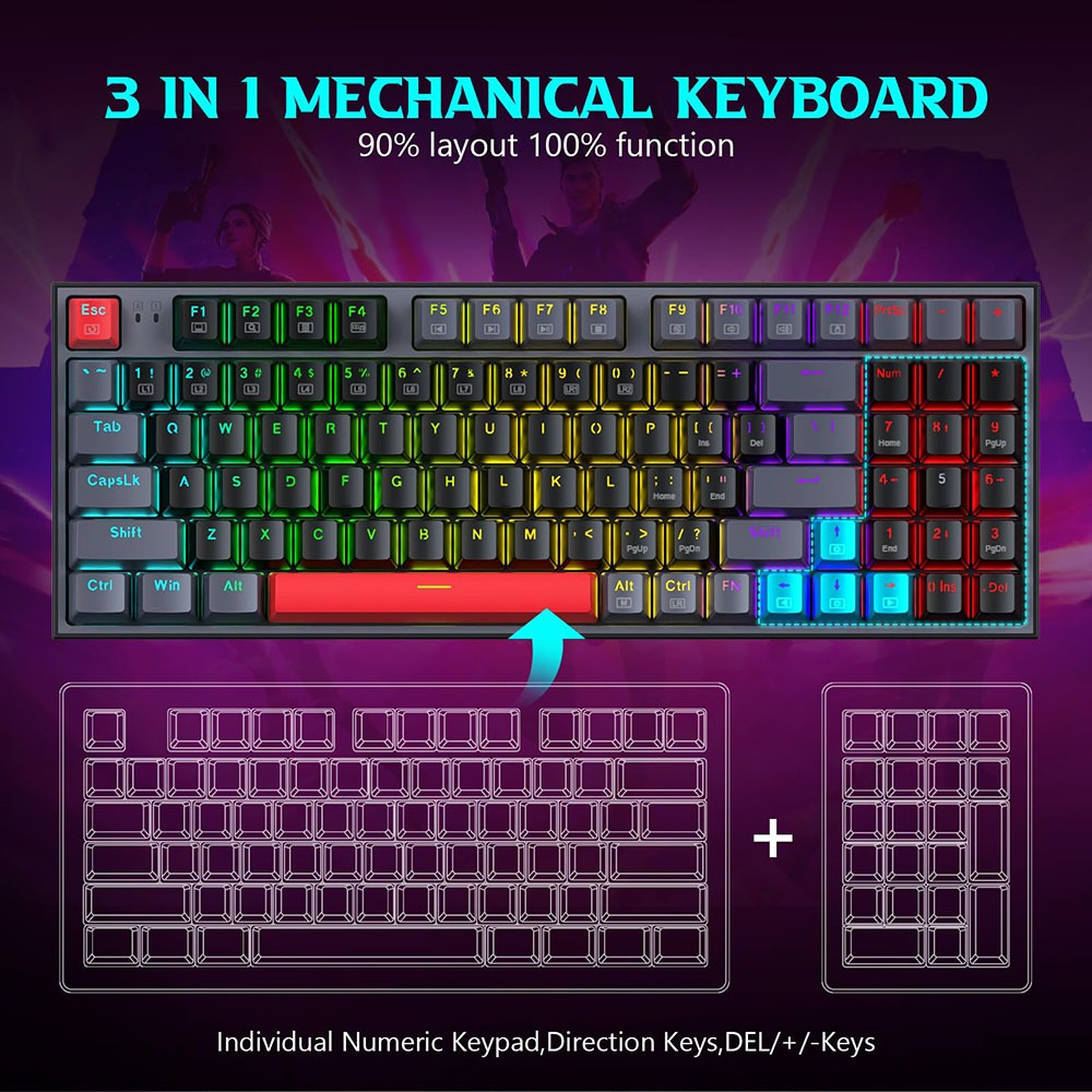 RGB 90% layout mechanical gaming keyboard with red accent bar and outlined key layout panels