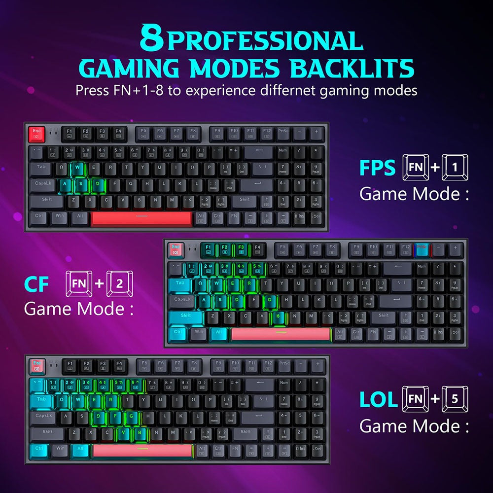 RGB backlit mechanical gaming keyboard showing multiple lighting modes in different colors