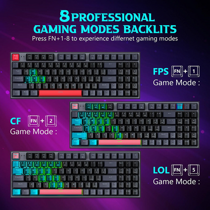 RGB backlit mechanical gaming keyboard showing multiple lighting modes in different colors