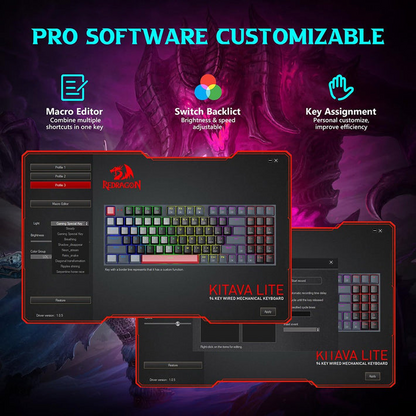RGB mechanical gaming keyboard with red accent bar, shown with customization app UI