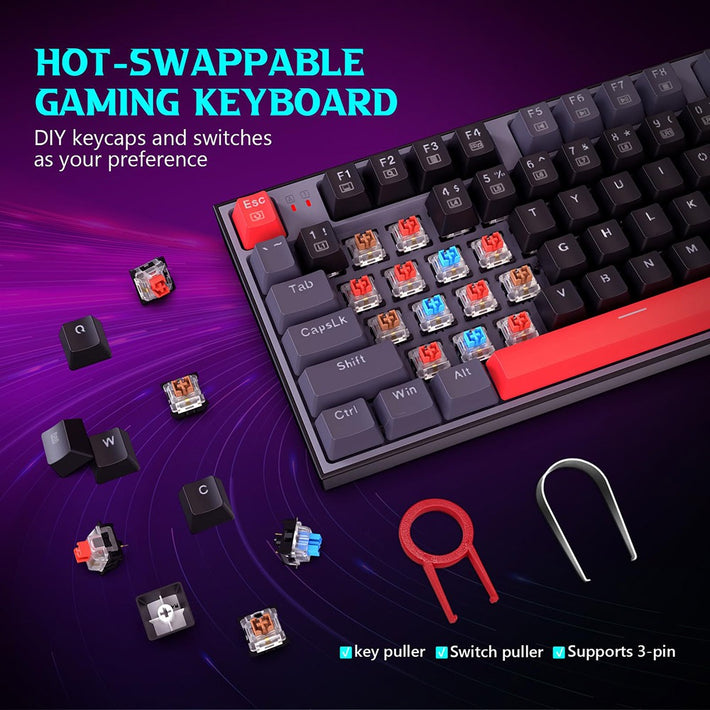 Hot-swappable RGB mechanical gaming keyboard with red accent bar and loose switches/keycaps