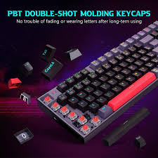 RGB backlit mechanical gaming keyboard with colorful keycap legends and red front bar