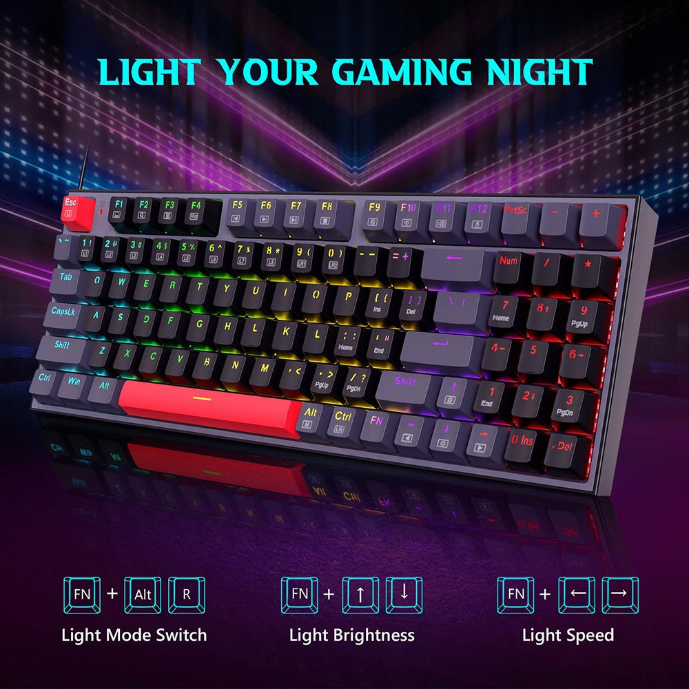 RGB backlit mechanical gaming keyboard with red side accent and multicolor glowing keys