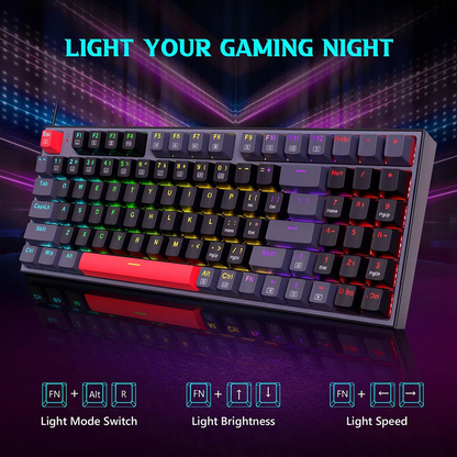 RGB backlit mechanical gaming keyboard with red side accent and multicolor glowing keys