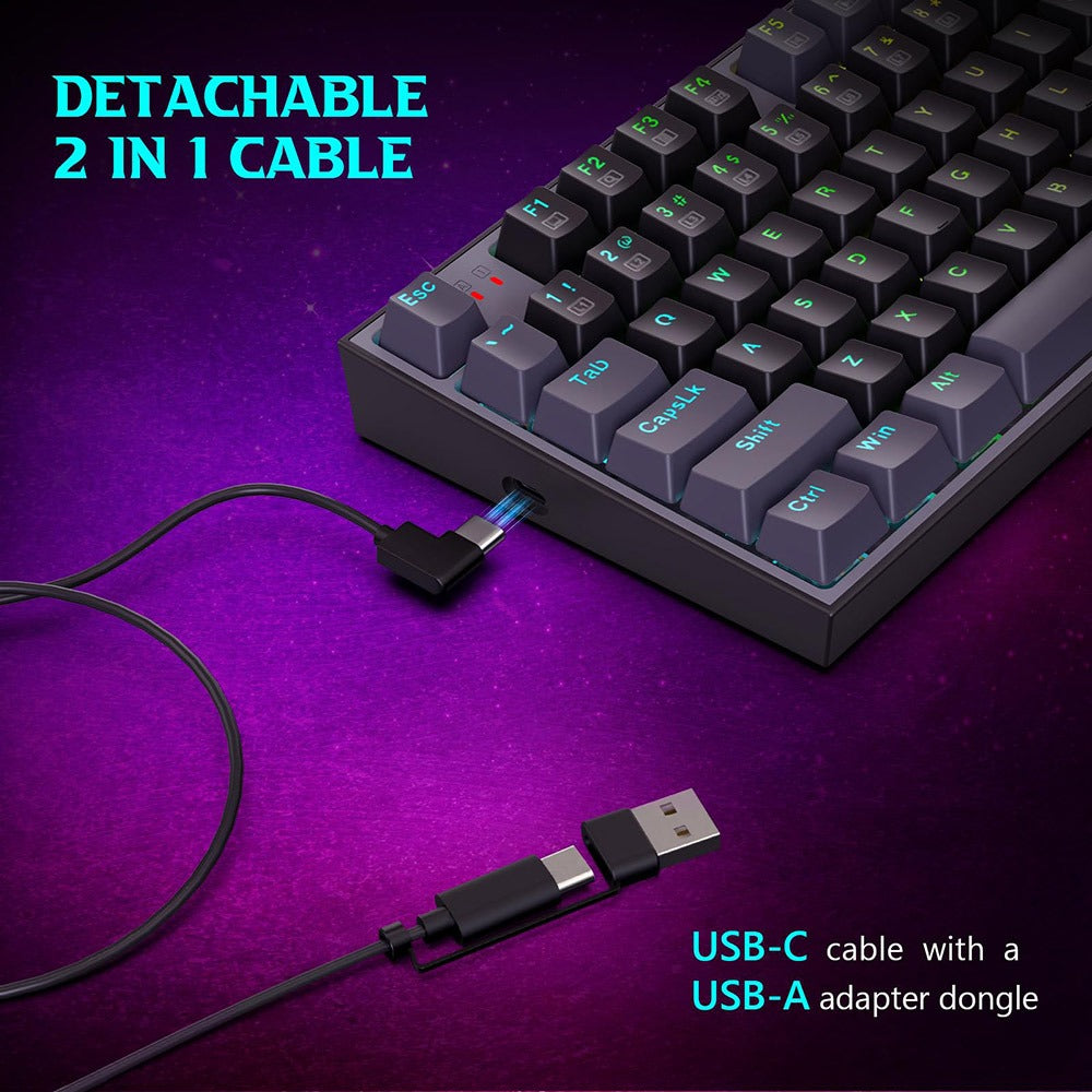 RGB mechanical gaming keyboard with red accent bar and detachable USB-C cable with adapter dongle
