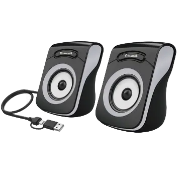 A pair of black and silver computer speakers with a black USB cable, shown on a clean white background.