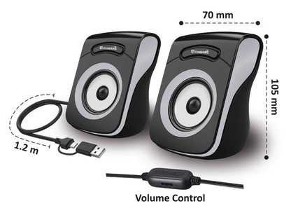 Desktop speakers with volume control and USB cable, black and gray
