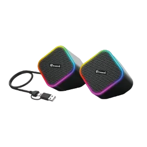 Two black STANDARDS mini speakers with a vibrant rainbow LED light ring, shown with a black USB cable on a white background.