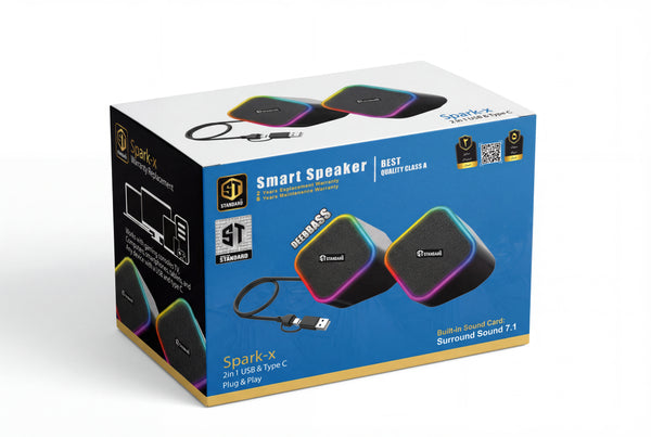 Box of a smart speaker with colorful design on a white background