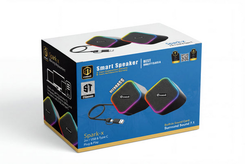 Box of a smart speaker with colorful design on a white background