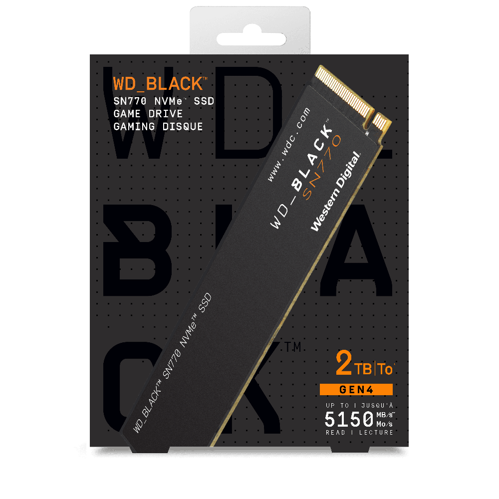 WD Black SN770 NVMe SSD packaging on a white background