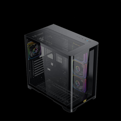 Xigmatek Crystal Storm V2 mid-tower PC case, black tempered glass with RGB fans visible