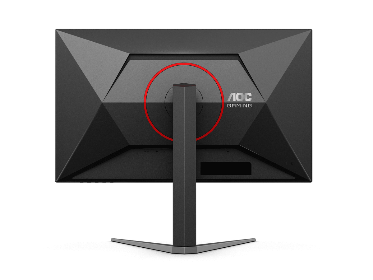 AOC gaming monitor front with base centered and red-highlight stand column