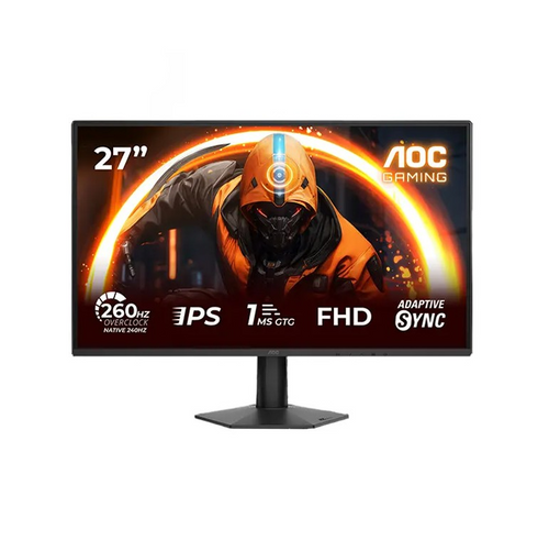 A 27-inch AOC gaming monitor with a black stand, shown on a plain white background. The screen displays a graphic of a character with orange and black tones, along with text highlighting features like 260Hz refresh rate, 1ms response time, FHD resolution, and adaptive sync.
