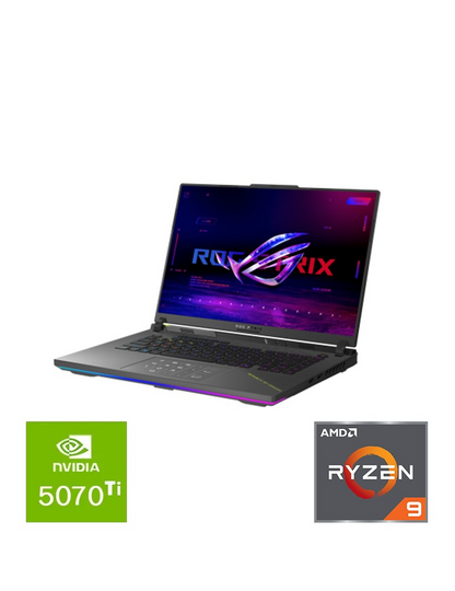 Gray gaming laptop open, ROG Strix display, RGB keyboard, NVIDIA 5070 Ti and AMD Ryzen 9 badges