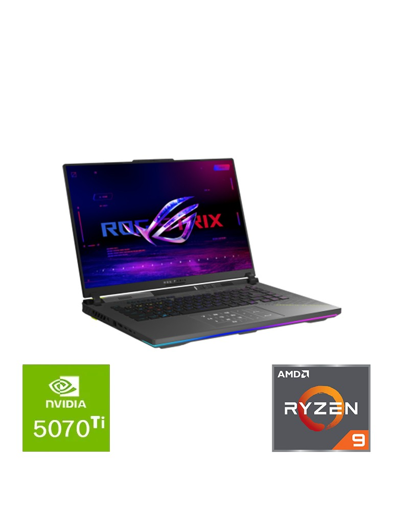 Gray gaming laptop open in side view, RGB keyboard, NVIDIA 5070 Ti and AMD Ryzen 9 badges