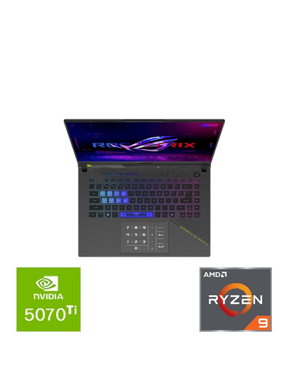 Gray gaming laptop with RGB backlit keyboard, NVIDIA 5070 Ti and AMD Ryzen 9 badges