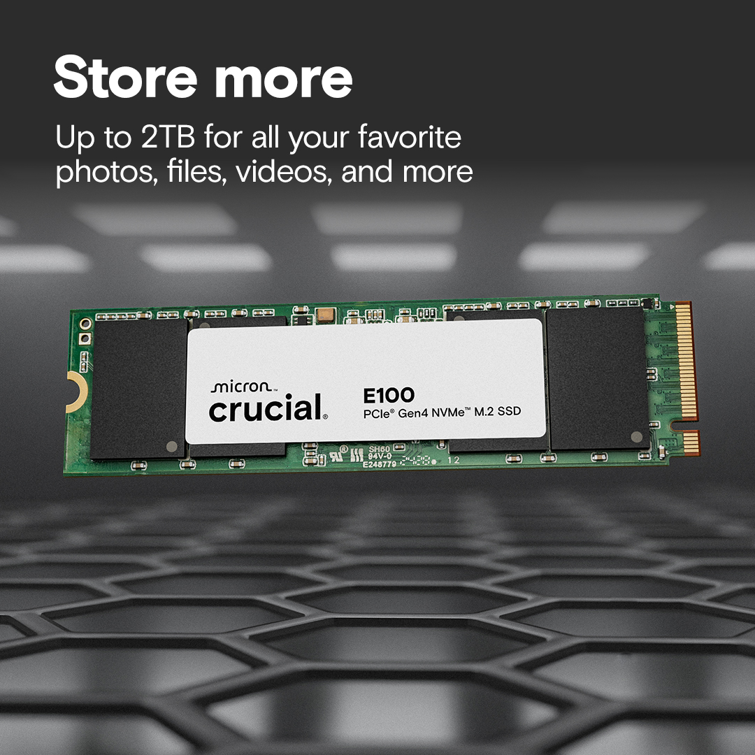Crucial E100 1TB PCIe Gen4 Read Speeds Up To 5,000MB/s NVMe M.2