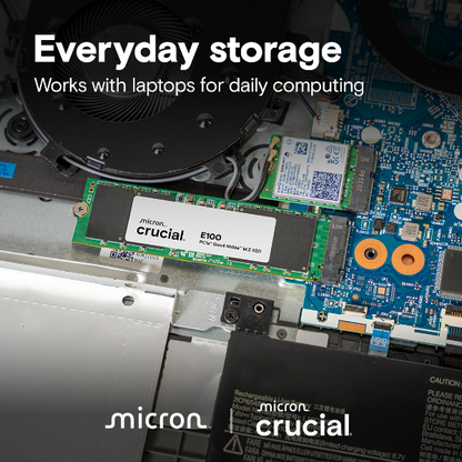 Close-up of computer hardware with Micron Crucial branding on a laptop.