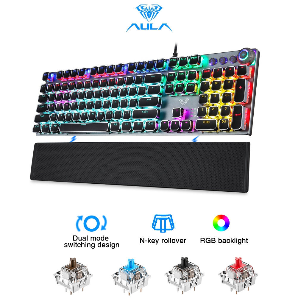 لوحة مفاتيح الألعاب الميكانيكية AULA f2088 RGB بإطار فضي مع مسند معصم مغناطيسي لليد