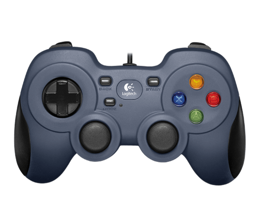 Blue wired gamepad with D-pad, two thumbsticks, and colored action buttons