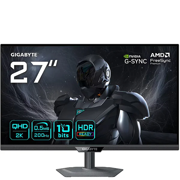 Gigabyte 27-inch gaming monitor with a black stand and a dark sci-fi themed display showing a futuristic armored character. The monitor features feature badges for QHD 2K, 0.