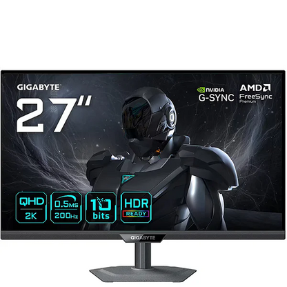 Gigabyte 27-inch gaming monitor with a black stand and a dark sci-fi themed display showing a futuristic armored character. The monitor features feature badges for QHD 2K, 0.