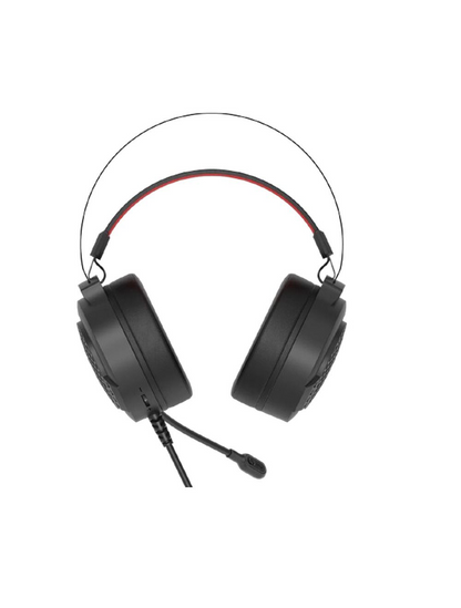 Black wired gaming headset with boom mic and cushioned over-ear cups