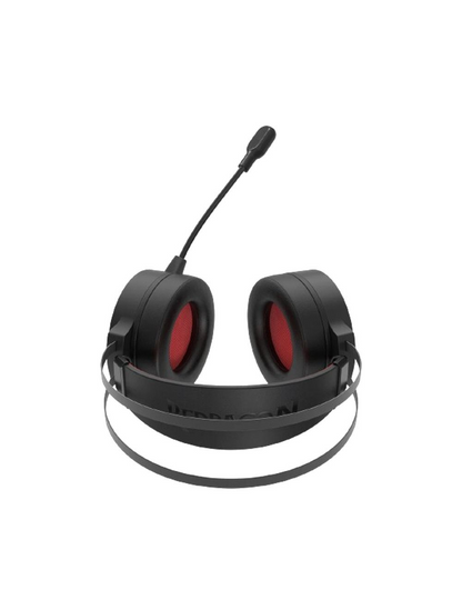 Black wired gaming headset with red ear pads, adjustable headband, and mic