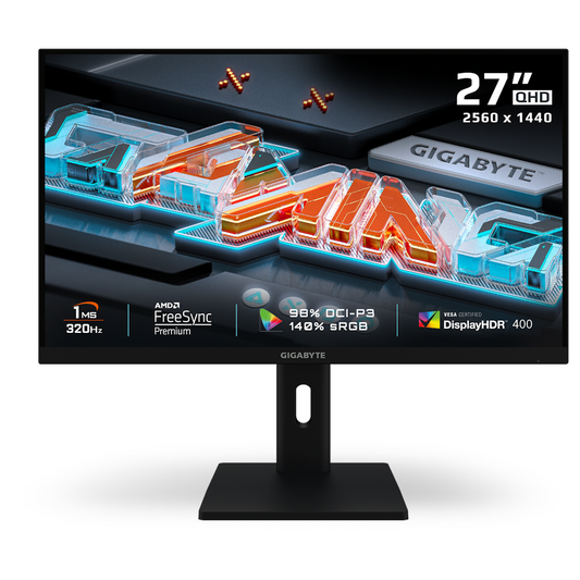 Gaming monitor front view with bright HUD graphics and black stand