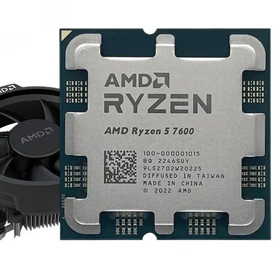 AMD Ryzen 5 7600 CPU with fan on a white background