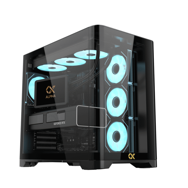Computer gaming PC case with transparent side panel and glowing blue lights on a white background