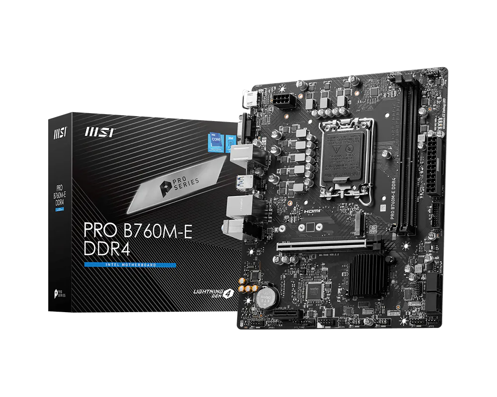 MSI Pro B760M-E DDR4 motherboard and packaging on a white background