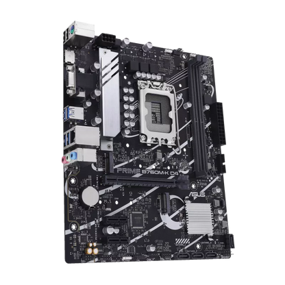 ASUS PRIME B760M-K D4 LGA 1700 motherboard showing CPU socket and chipset heatsink
