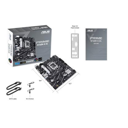 ASUS PRIME B760M-K D4 micro-ATX LGA 1700 motherboard with retail box and accessories
