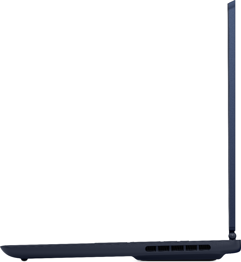 Side view of a dark blue laptop on a white background