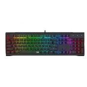 A full-size mechanical keyboard with a black chassis and vibrant RGB rainbow backlighting, shown against a plain white background.