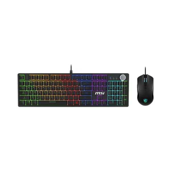 Wide view of RGB backlit gaming keyboard and wired mouse, black