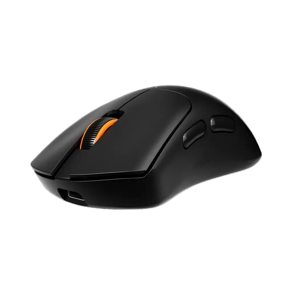 A black wireless gaming mouse with an orange accent ring around the scroll wheel, shown from a three-quarters angle on a solid white background.